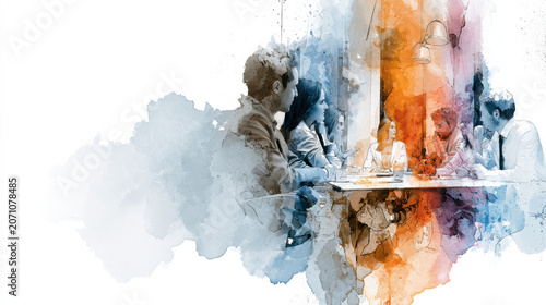 Business meeting office teamwork discussion collaboration professional people corporate brainstorming group communication Watercolor Style