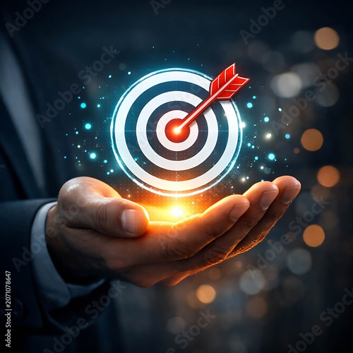 Businessman holding target with arrow in palm success goal achievement business concept.
