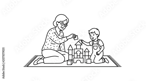 Grandmother and Grandson Playing with Building Blocks
