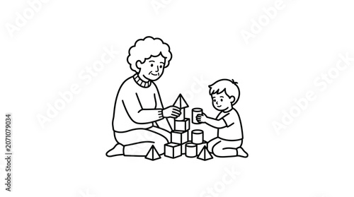 Grandmother and Grandson Playing with Blocks Line Art