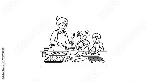 Grandmother and Kids Baking Cookies Coloring Page