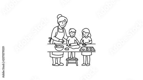 Grandmother Baking Cookies with Grandchildren Line Art