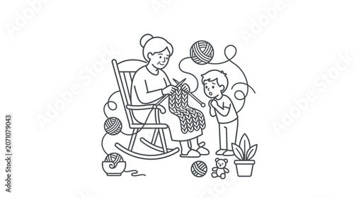 Grandmother knitting for grandson line art illustration
