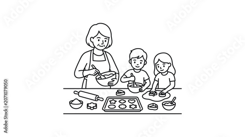 Grandmother Baking Cookies with Grandchildren Line Art