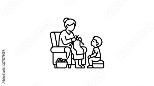 Grandmother Knitting with Grandson Line Art Icon