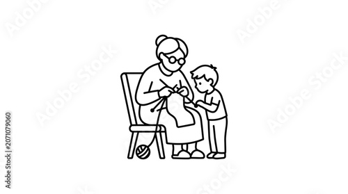 Grandmother Knitting with Grandson Line Art Illustration