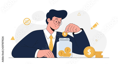 Businessman putting coins in a jar, concept of saving money, investment, and financial growth. Flat design illustration.