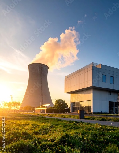 A tall, tapering structure with a plume of steam, and a modern rectangular building under a sunny sky