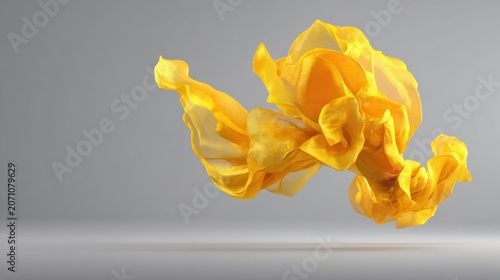 Flowing bright yellow sheer fabric suspended dynamically against a neutral background