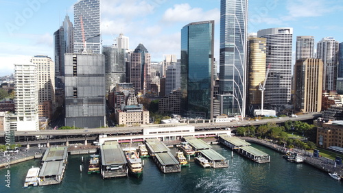 Konstfotografi Aerial view of ferries docked at Circular Quay below Sydney city skyline