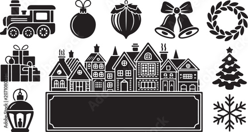 Christmas icons, holiday symbols, black vector set, festive decorations