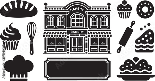 Bakery, pastry shop, vector icons, black and white graphics, food illustrations