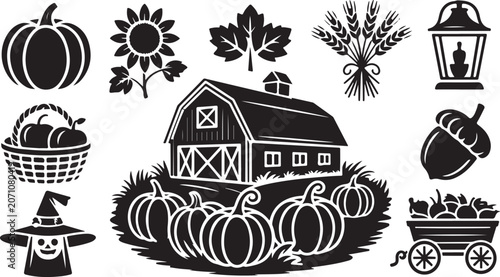 Harvest icons, autumn farm, pumpkin patch, black and white vector set