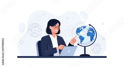 Businesswoman pointing at globe, using laptop, representing global business, education, and international relations