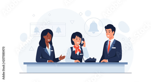 Diverse customer service team at a reception desk, featuring a woman on the phone and colleagues assisting clients with a modern, flat design style.