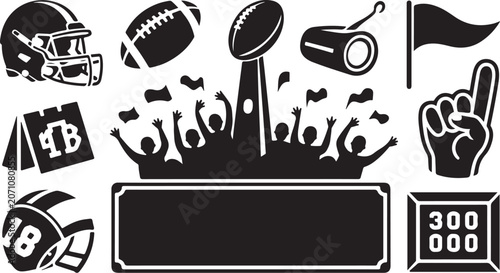 American Football Vector Icons, Sports Symbols, Black and White Illustrations, Stadium Crowd Graphics