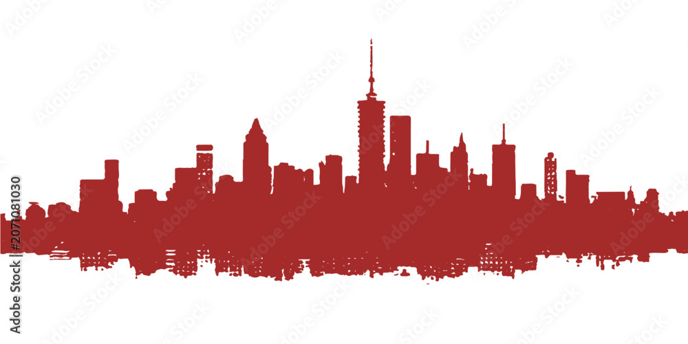 Obraz premium Minimalist dark red metropolitan skyline horizon vector with mirror reflection effect