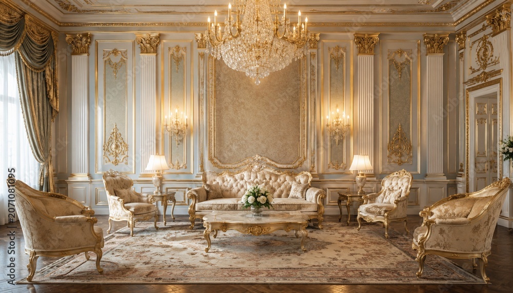 Fototapeta premium Luxurious classic living room with ornate gold interior