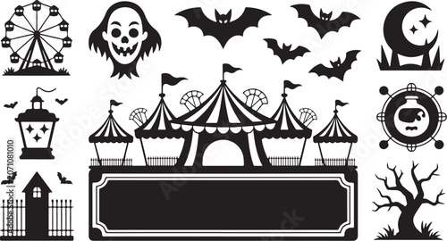 Halloween carnival, spooky fairground, black vector icons, creepy midway