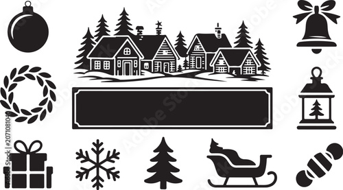 Christmas Icons, Winter Holiday Symbols, Black Vector Set