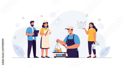 Diverse People Working at Produce Market: Weighing Fruit, Taking Notes, and Shopping