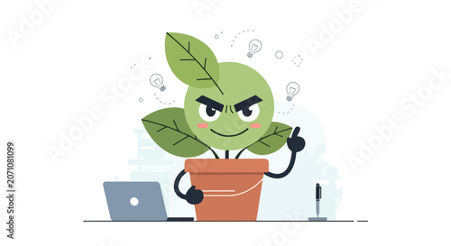 Obraz na płótnie A devious-looking green plant character in a pot stands beside a laptop and pen, surrounded by glowing lightbulb icons representing clever ideas