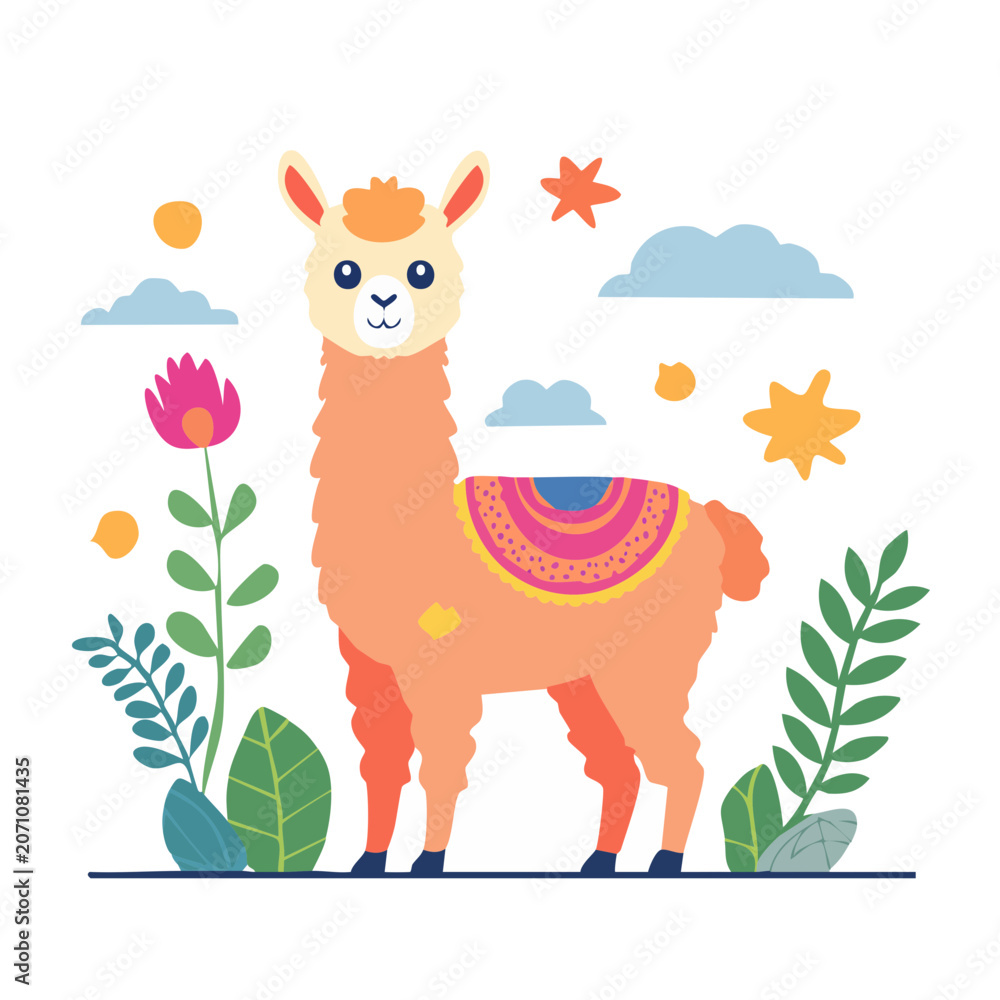 Fototapeta premium Cute llama illustration with flowers and clouds