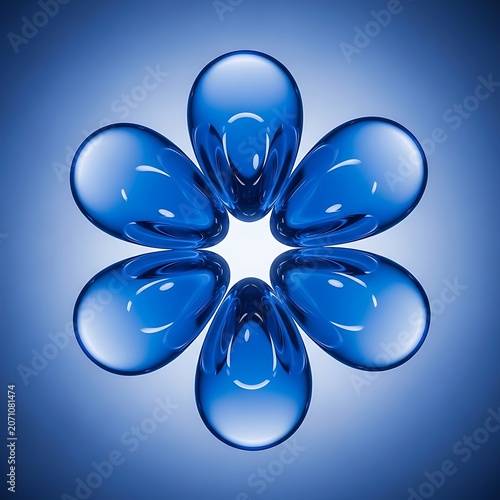 Symmetrical Arrangement of Six Reflective Blue Glass Droplet Shapes Forming a Floral Pattern