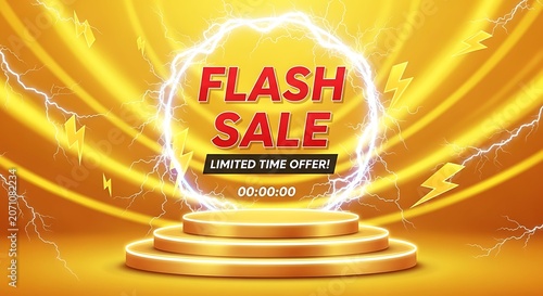 Urgent Flash Sale Promotional Banner with Golden Stage and Lightning Effect