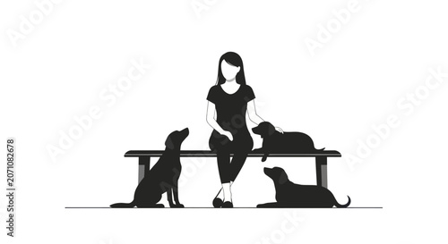 Photos Woman Sitting on Bench with Three Dogs Around Her.