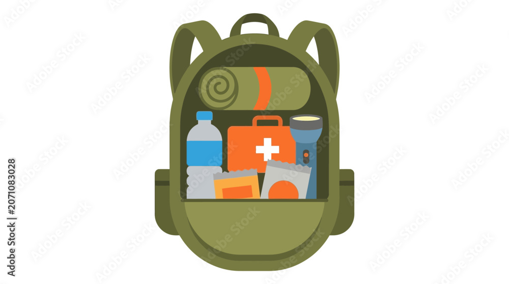 Fototapeta premium Green survival backpack illustration filled with emergency essentials such as first aid kit flashlight and water bottle for preparedness