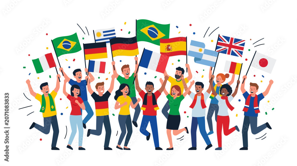 Fototapeta premium Diverse Group of Joyful People Celebrating Global Unity with Various International Country Flags and Confetti