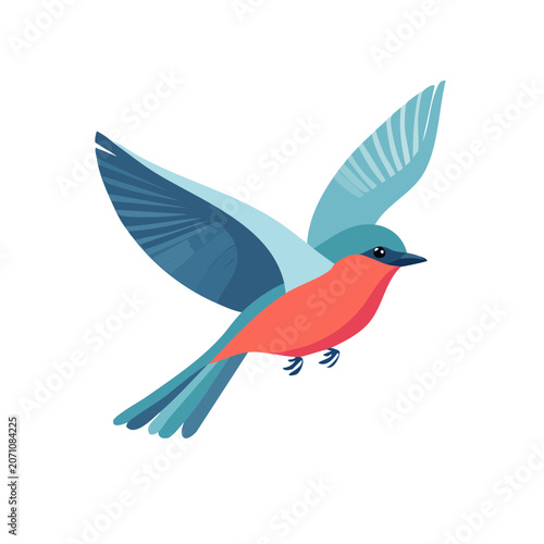 Flat illustration of a flying bird with blue and orange colors