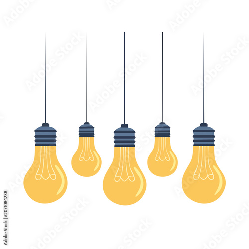 Group of hanging light bulbs with white background
