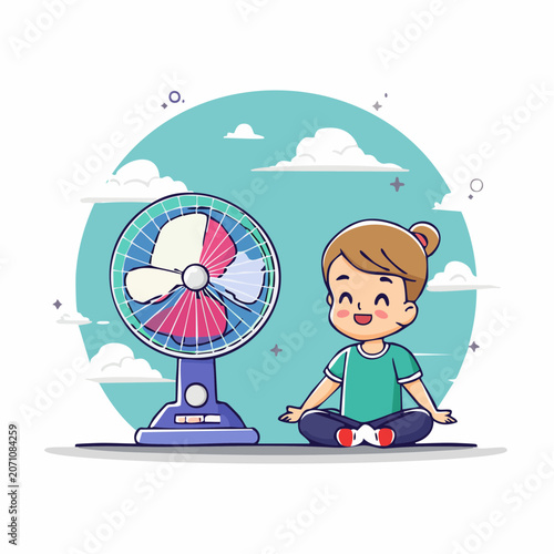 Happy child sitting in front of a fan for cooling