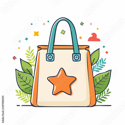 Illustration of a tote bag with a star and leaves