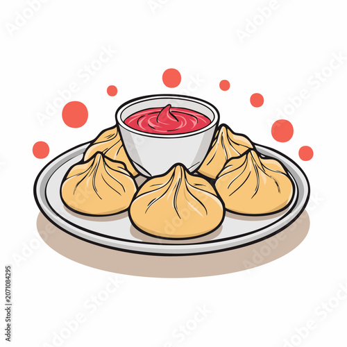 Illustration of dumplings with dipping sauce on a plate
