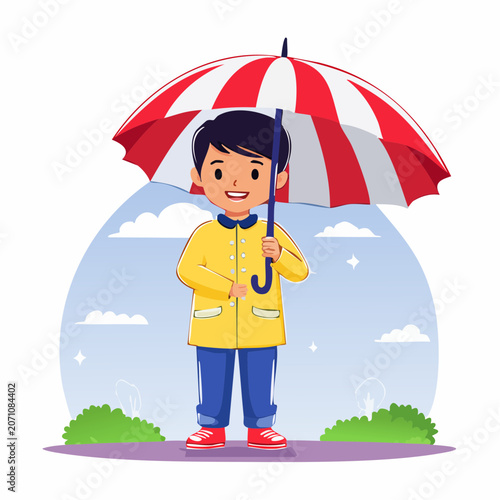 Smiling boy in yellow raincoat holding a red and white umbrella