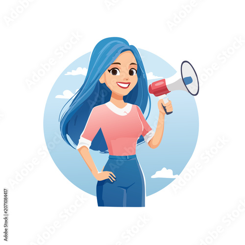 Smiling woman with megaphone in flat illustration style
