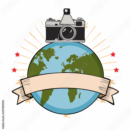 Vintage camera on globe with banner and stars
