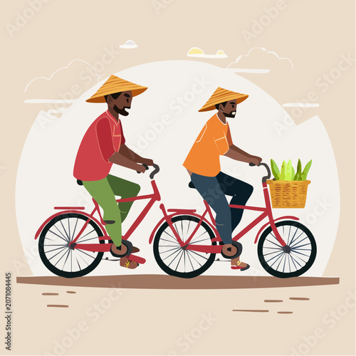 Two men in conical hats cycling with a basket of vegetables