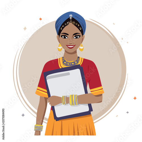 Woman in traditional attire holding a clipboard