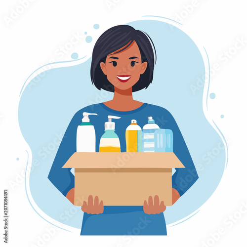 Woman holding a box of cleaning and hygiene products
