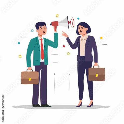 Business people arguing with megaphone, flat design