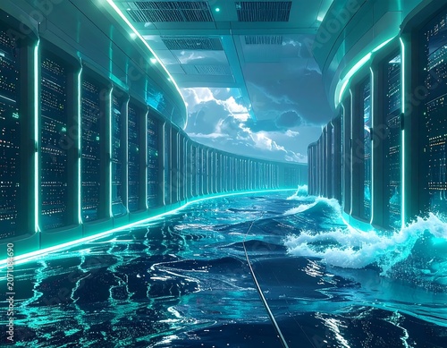 A surreal scene depicts a data center hallway flooded by ocean waves, neon lights illuminating server racks