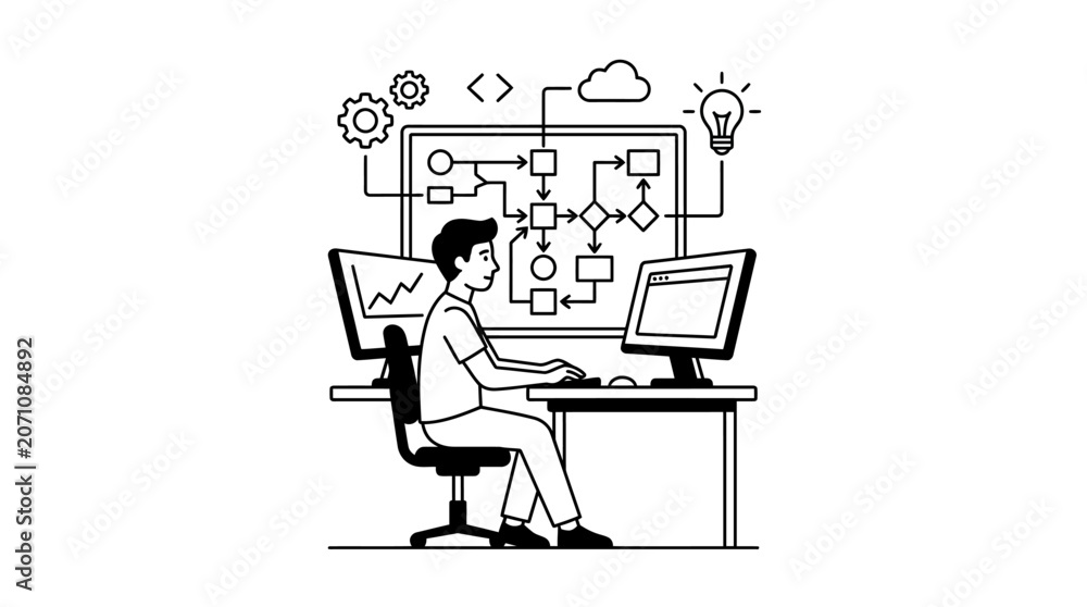 Fototapeta premium Software Developer Planning Workflow and Coding at Computer