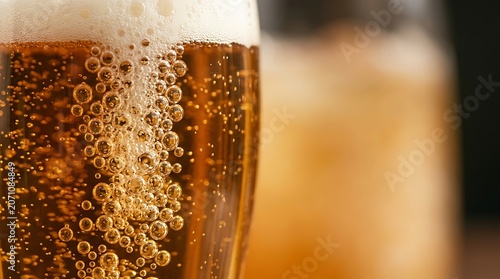 Cold lager beer in a glass with bubbles and frothy foam