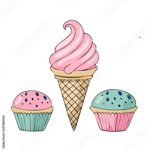 Pink Ice Cream Cone and Colorful Cupcakes Illustration