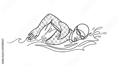Fotografi Continuous line drawing of a swimmer in freestyle stroke, dynamic water splash, minimalist sport illustration