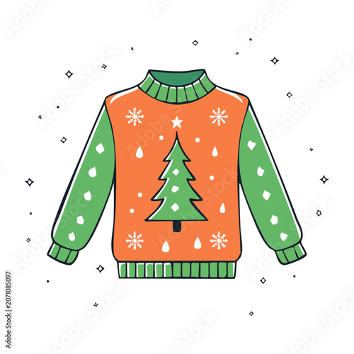 Ugly Christmas Sweater with Tree and Snowflakes Illustration
